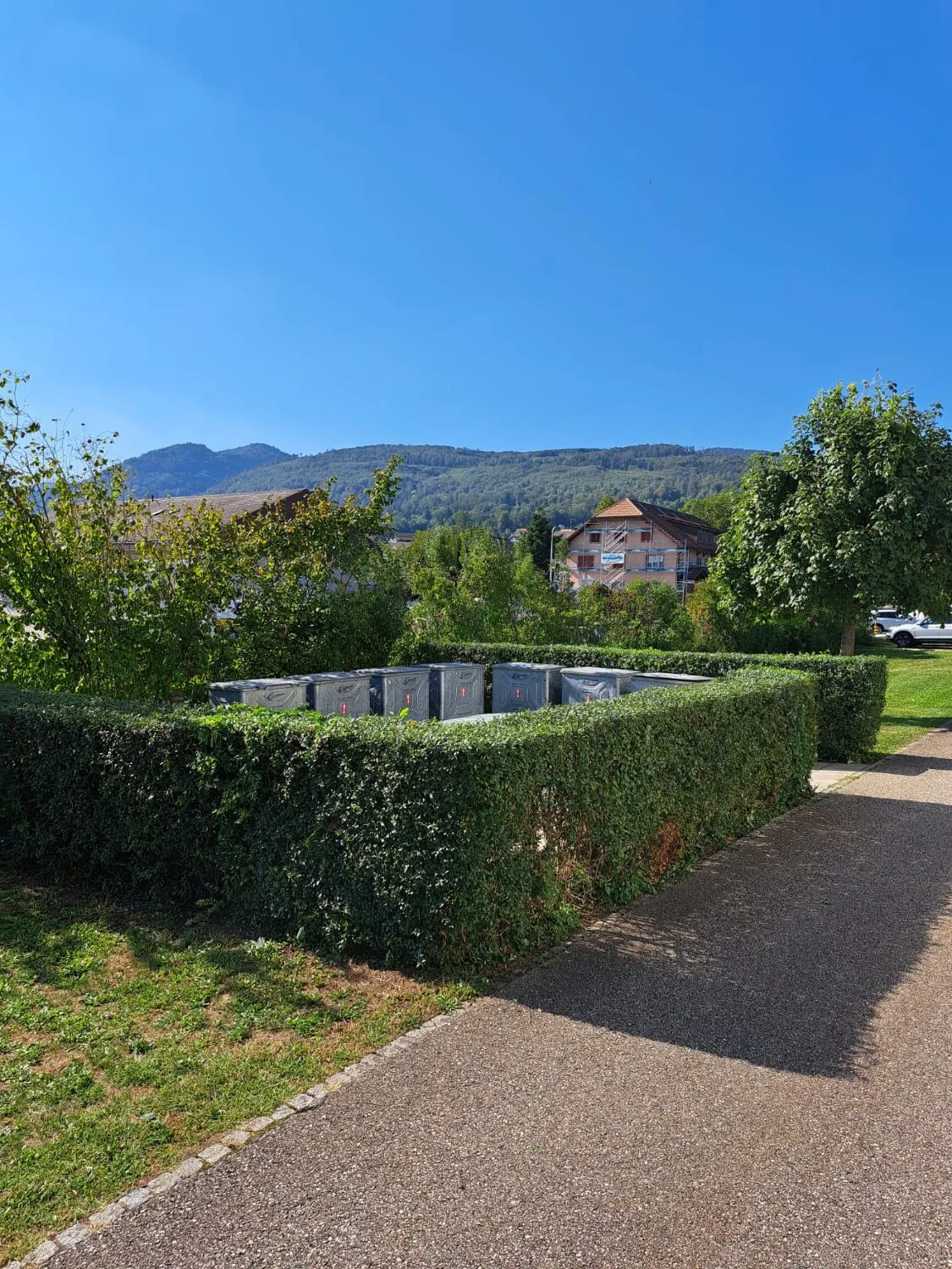 Containerplatz, eingefasst von einer geschnittenen Hecke